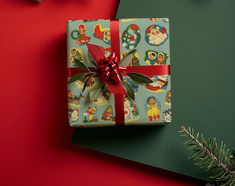 Vintage Santa and Characters Christmas Wrapping Paper Sheets - Retro Holiday Wrap, Throwback Aesthetic, Cute Xmas Blue Paper, Kids Gifting