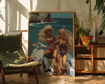 Beach Babe Dolls on a Scooter Matte Vertical Poster Art Print - Maximalist Wall Art, Modern Home Decor, Vintage Aesthetic, Summer Trendy