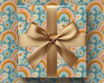 Rainbow & Daisy Funky Retro Gift Wrapping Paper - Birthday Gift Wrap, Bridal Shower, Baby Shower, Kids Wrapping, Summer Aesthetic