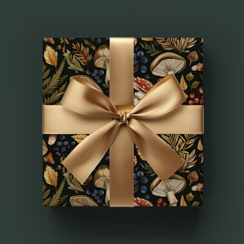 Hojas de papel para envolver regalos con temática de cabañas de bosque oscuro: estética melancólica, hongos, papel de regalo de cumpleaños moderno, Navidad con temática de bosque, festividades imagen 6