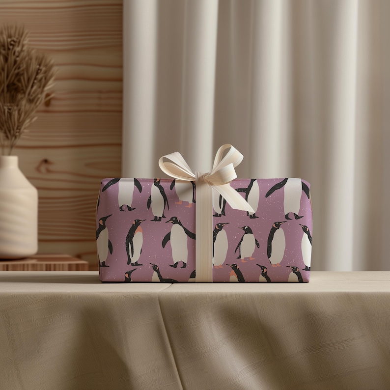Purple Penguin Gift Wrapping Paper Sheets - Holiday Gift Wrap, Christmas Wrapping, Kids Gift Wrap, Winter, Animal, Baby Shower, Birthday image 2