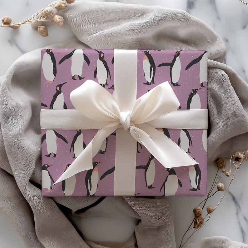 Purple Penguin Gift Wrapping Paper Sheets - Holiday Gift Wrap, Christmas Wrapping, Kids Gift Wrap, Winter, Animal, Baby Shower, Birthday image 4