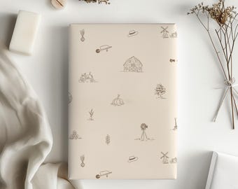 Minimalist Farm Doodle Beige, Brown Gift Wrapping Paper - Kids Birthday, Baby Shower Gift, Minimalist Adorable, Simple Boho Farm Animal