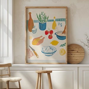 Mediterranean Kitchen Dinner Scene Matte Vertical Poster Art Print - Whimsical Home Decor, Trendy Wall Decor, Minimalist Aesthetic, Gallery