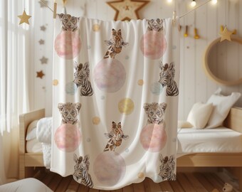 Whimsical Baby Jungle Safari Animals with Pastel Bubbles - Velveteen Plush Throw Blanket