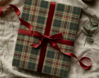 Traditional Red, Green, Gold Christmas Plaid Gift Wrapping Paper Sheets - Vintage Holiday Gifting, Classic Winter, Preppy Rustic Aesthetic