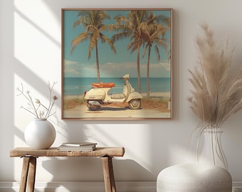 Puede incluir: Impresión artística enmarcada que representa una vespa vintage crema en una playa de arena con palmeras. La vespa tiene un asiento naranja, sobre un fondo de océano y cielo azul. La obra de arte se exhibe en una pared blanca.
