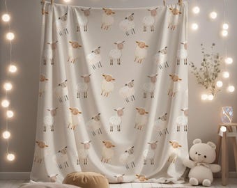Whimsical Sheep/Cute Lamb Neutral Gray Velveteen Plush Throw Blanket - Nursery - Baby Shower Gift - Kids Room - New Parents - Spring