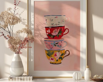 Póster vertical mate con tazas de té florales caprichosas - Arte de pared de galería preppy, decoración vintage rosa para el hogar, la cocina y la cafetería