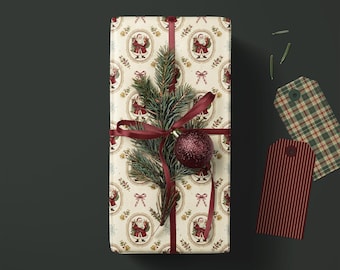 Papel de regalo navideño con escudo de Papá Noel vintage y lazos - Regalos navideños, papel de regalo rústico, accesorios de regalo de invierno tradicionales antiguos