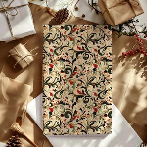 Vintage Red, Green & Gold Victorian Christmas Swirl Print Gift Wrapping Paper - Traditional Classic, Elegant Holiday Gift, Antique Winter image 3