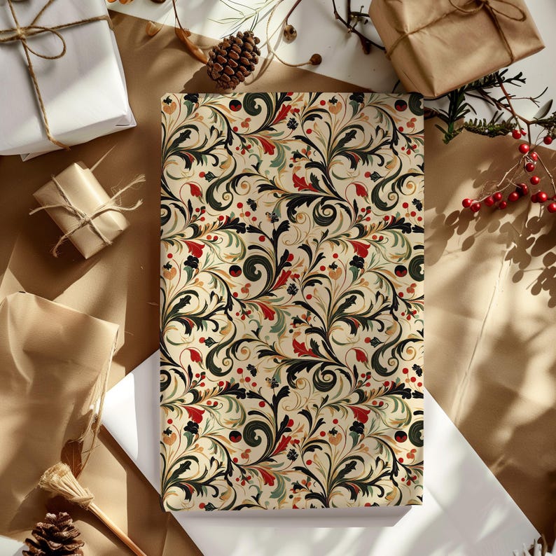 Vintage Red, Green & Gold Victorian Christmas Swirl Print Gift Wrapping Paper - Traditional Classic, Elegant Holiday Gift, Antique Winter image 3
