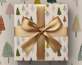 気まぐれな手描きのクリスマスツリー柄ニュートラルカラーギフト包装紙 - クリスマスギフト、ホリデーギフト包装、おしゃれなギフトアクセサリー