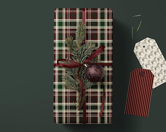 Burgundy Red, Green & Cream Plaid Tartan Christmas Gift Wrapping Paper - Vintage Holiday Gifting, Winter Gift Wrap, Tartan Accessories