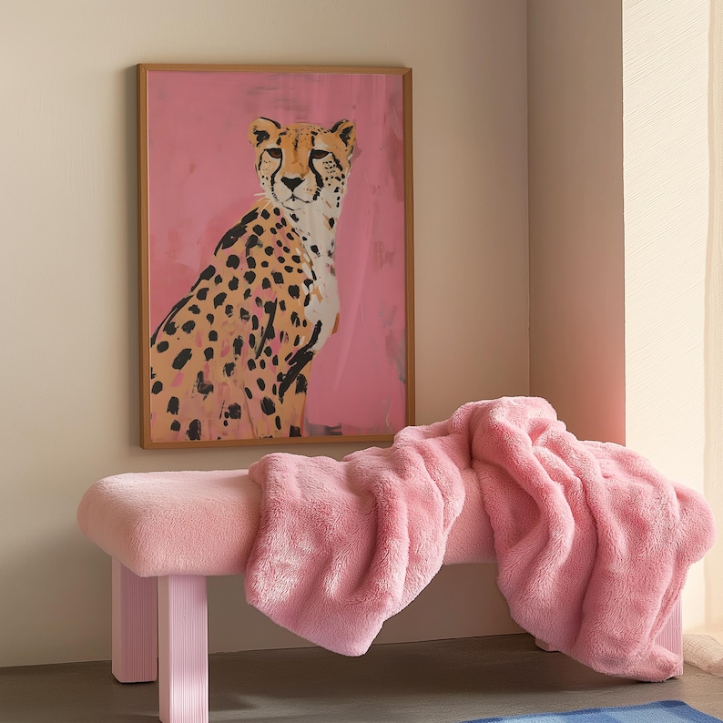 Pink Leopard Painting Matte Vertical Poster Art Print - Modern Home Decor, Maximalist Aesthetic Trendy Wall Poster, Eclectic Dorm, Cheetah image 2