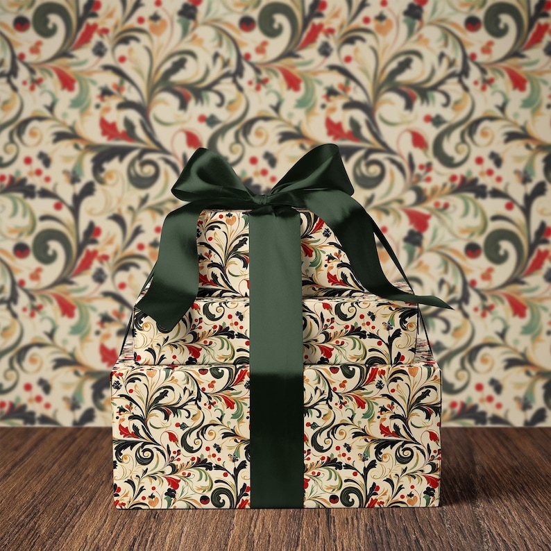 Vintage Red, Green & Gold Victorian Christmas Swirl Print Gift Wrapping Paper - Traditional Classic, Elegant Holiday Gift, Antique Winter image 2