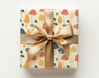 Retro Funky Mushroom Print Orange, Mustard & Blue Gift Wrapping Paper - Birthday Gift Wrap, Christmas, Fall, Aesthetic, Cottage Core Gift