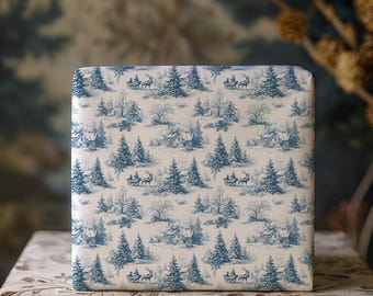Winter Woodland Blue Forest Christmas Holiday Toile De Jouy Gift Wrapping Paper - Vintage French Gift Wrap, Victorian Winter Gifting