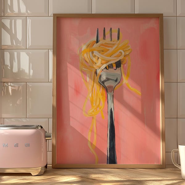 Spaghetti Pasta Fork Pink Matte Vertical Poster Art Print - Wall Decor, Kitchen, Housewarming, Italian Food, Whimsical Painting, Dining Room