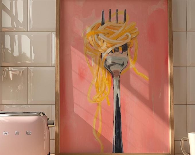 Spaghetti Pasta Fork Pink Matte Vertical Poster Art Print - Wall Decor, Kitchen, Housewarming, Italian Food, Whimsical Painting, Dining Room