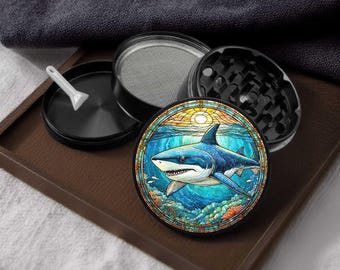 Great White Shark Under the Sea Stained Glass Effect Metal Grinder - 4-Layer 2.5" Round Herb Grinder - Kitchen Mill