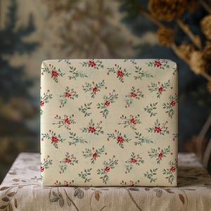 Red & Green Dainty Ditsy Mini Floral Bloom Holiday Gift Wrapping Paper - Winter Holly Gift Wrap, Christmas Wrapping, Vintage Traditional