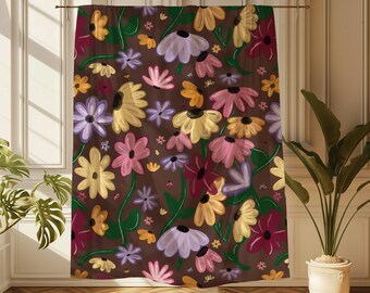 Cottage Core Colorful Folk Vibrant Floral - Velveteen Plush Throw Blanket
