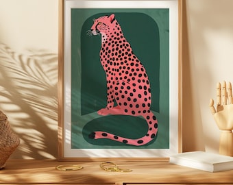 Pink Cheetah with Emerald Green Background Matte Vertical Poster Art Print - Gallery Wall Art, Modern Pink Home Decor, Eclectic Aesthetic