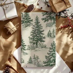 Vintage Green Christmas Tree Toile De Jouy Gift Wrapping Paper - French Holiday Gift Wrap, Winter Gifting, Housewarming, Elegant Luxury