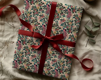Festive Holly and Peacock Colorful Gift Wrapping Paper Sheets - Holiday Gifting, Chinoserie Toile De Jouy, Pink Christmas, Eclectic Modern