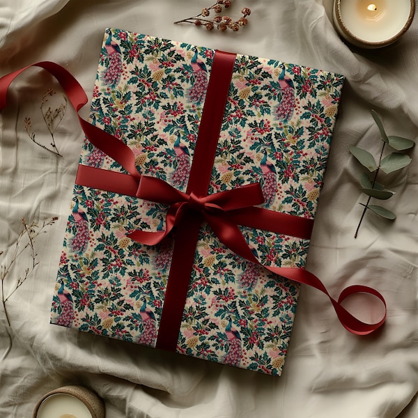 Festive Holly and Peacock Colorful Gift Wrapping Paper Sheets - Holiday Gifting, Chinoserie Toile De Jouy, Pink Christmas, Eclectic Modern