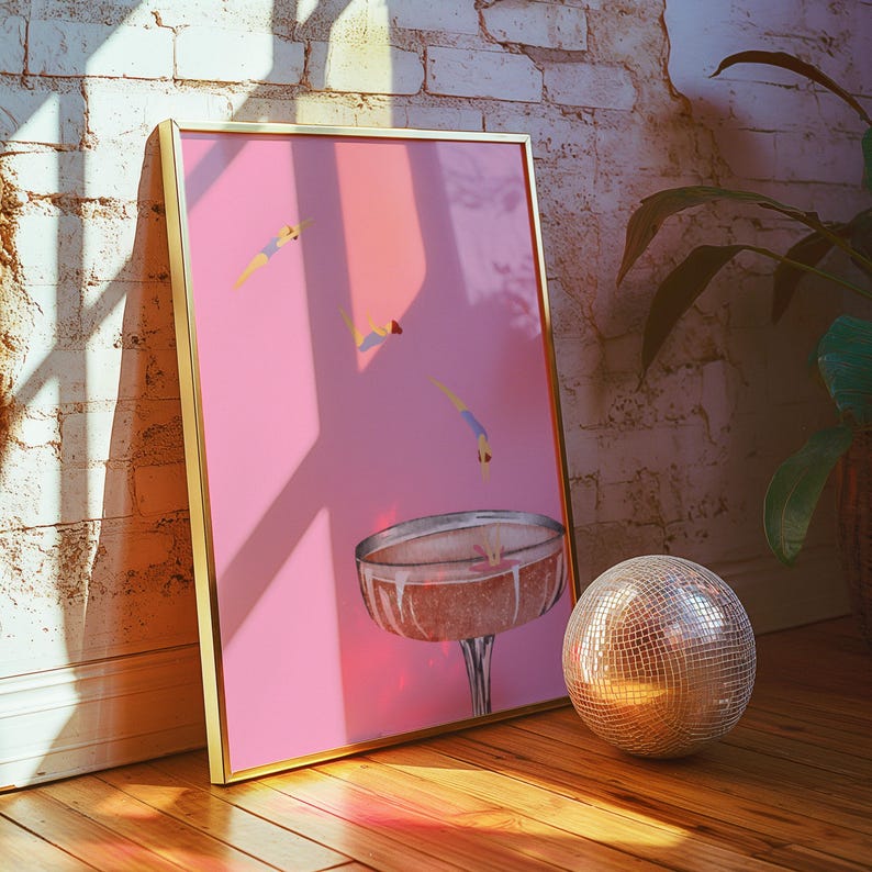 Diving into Champagne Coupe Glass Matte Vertical Poster Art Print - Eclectic Preppy Maximalist Aesthetic, Trendy Wall Poster, Bar Decor Pink image 3