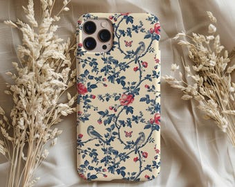 Étui de portable robuste bleu vintage en toile de Jouy avec oiseau rouge et fleurs - Coque victorienne pour iPhone et Samsung Galaxy, esthétique française, parisienne