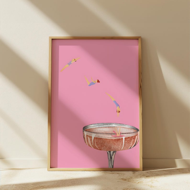 Diving into Champagne Coupe Glass Matte Vertical Poster Art Print - Eclectic Preppy Maximalist Aesthetic, Trendy Wall Poster, Bar Decor Pink image 7