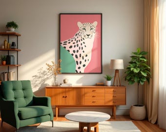 Blush, Pink and Green Cheetah Portrait Matte Vertical Poster Art Print -Maximalist Abstract Aesthetic, Tiger Leopard Lion Home Decor Wall