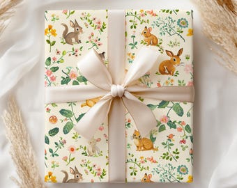 Papel de regalo con diseño floral y animales vintage - Baby Shower, regalo de cumpleaños infantil, envoltorio retro, Pascua retro, primavera