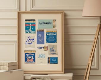 Blue Coastal Vintage Inspired Matchbook Collage Matte Vertical Poster Art Print - Summer Wall Art, Preppy Aesthetic, Beach Trendy Home Decor