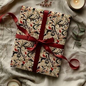 Vintage Red, Green & Gold Victorian Christmas Swirl Print Gift Wrapping Paper - Traditional Classic, Elegant Holiday Gift, Antique Winter image 4