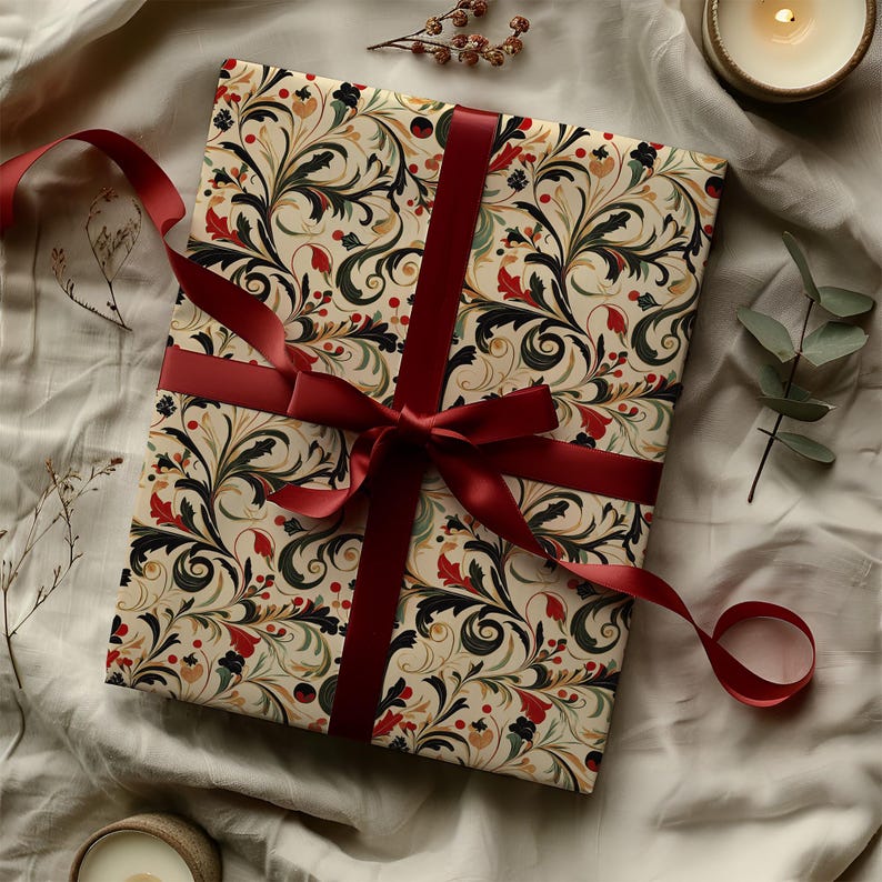 Vintage Red, Green & Gold Victorian Christmas Swirl Print Gift Wrapping Paper - Traditional Classic, Elegant Holiday Gift, Antique Winter image 4