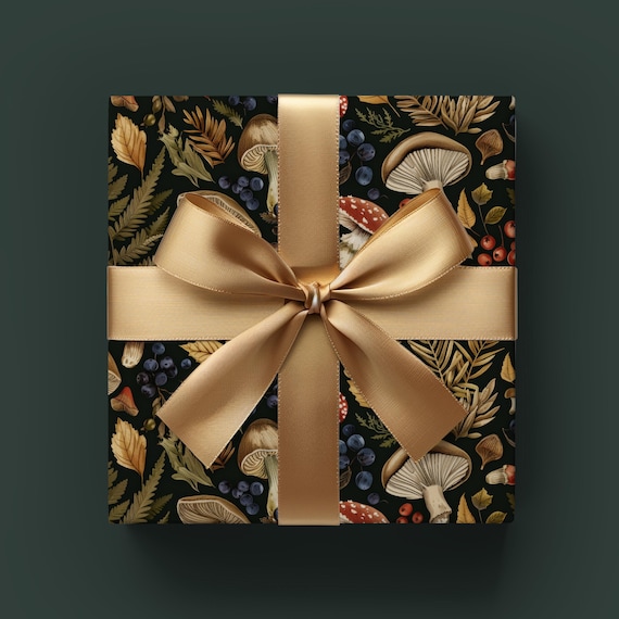 Dark Forest Mushrooms, Berries & Fern Cottage Core Gift Wrapping Paper - Moody Aesthetic, Birthday Gift Wrap, Woodland Christmas, Holiday