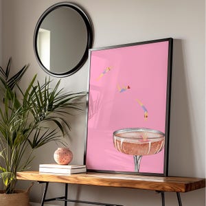 Diving into Champagne Coupe Glass Matte Vertical Poster Art Print - Eclectic Preppy Maximalist Aesthetic, Trendy Wall Poster, Bar Decor Pink image 5
