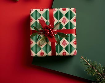 Retro Whimsical Red, Green and Pink Coquette Christmas Gift Wrapping Paper Sheets - Holiday Gift Wrap, Modern Colorful Aesthetic Gifting