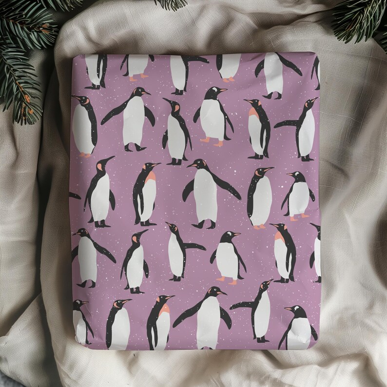 Purple Penguin Gift Wrapping Paper Sheets - Holiday Gift Wrap, Christmas Wrapping, Kids Gift Wrap, Winter, Animal, Baby Shower, Birthday image 3