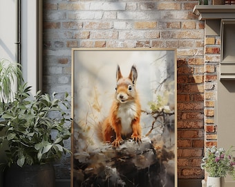 May include: A framed art print featuring a detailed watercolor painting of a squirrel. The squirrel has reddish-brown fur and is perched on a rock. The background has soft, muted tones of beige and green, creating a naturalistic scene.