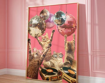 Fun Disco Cat Matte Vertical Poster Art Print, Colorful Wall Art, Gift for Cat Lovers, Playful Aesthetic, Party Vibes, Cat Art Home Decor