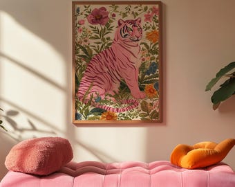 Whimsical Pink Tiger Folk Floral Matte Vertical Poster Art Print - Colorful Modern Home Decor - Maximalist Aesthetic Trendy Wall Poster