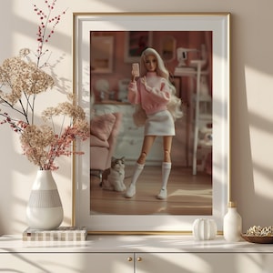 Selfie Babe Doll with a Cat Matte Vertical Poster Art Print - Trendy Wall Art, Modern Home Decor, Kitten, Dorm Print Decor, Pink Aesthetic