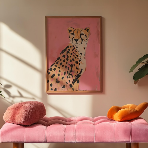 Pink Leopard Painting Matte Vertical Poster Art Print - Modern Home Decor, Maximalist Aesthetic Trendy Wall Poster, Eclectic Dorm, Cheetah