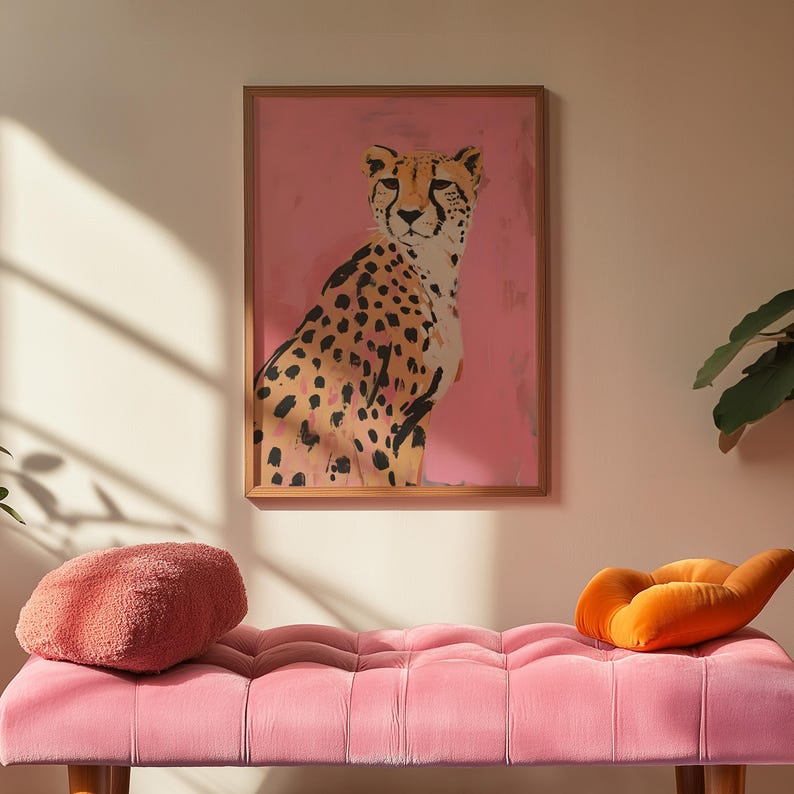 Pink Leopard Painting Matte Vertical Poster Art Print - Modern Home Decor, Maximalist Aesthetic Trendy Wall Poster, Eclectic Dorm, Cheetah image 1