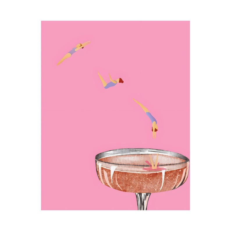Diving into Champagne Coupe Glass Matte Vertical Poster Art Print - Eclectic Preppy Maximalist Aesthetic, Trendy Wall Poster, Bar Decor Pink image 8